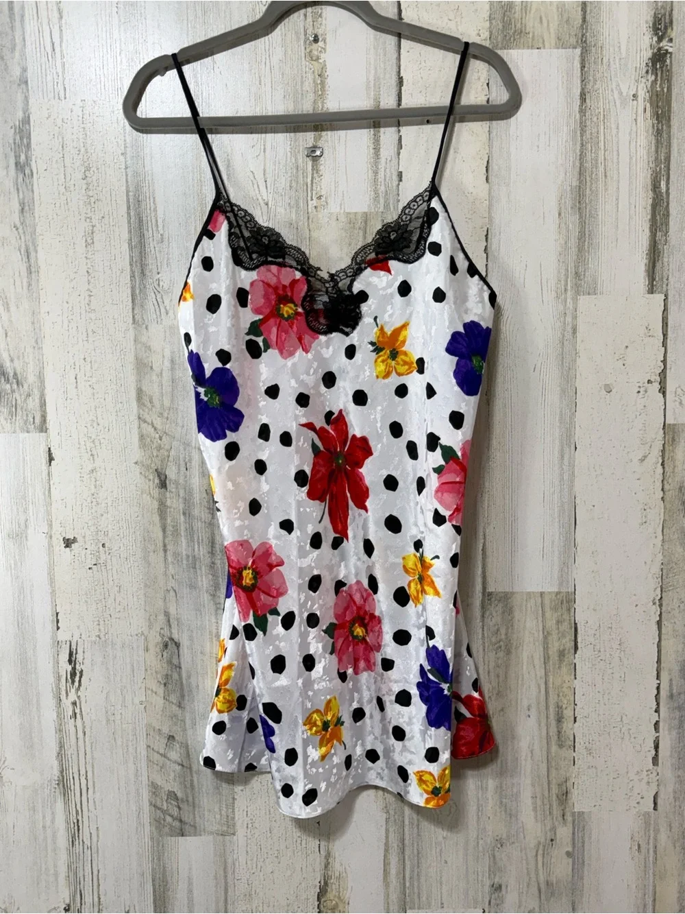 Floral Polka Dot Satin Chemise & Robe Set - White with Multicolor Flowers